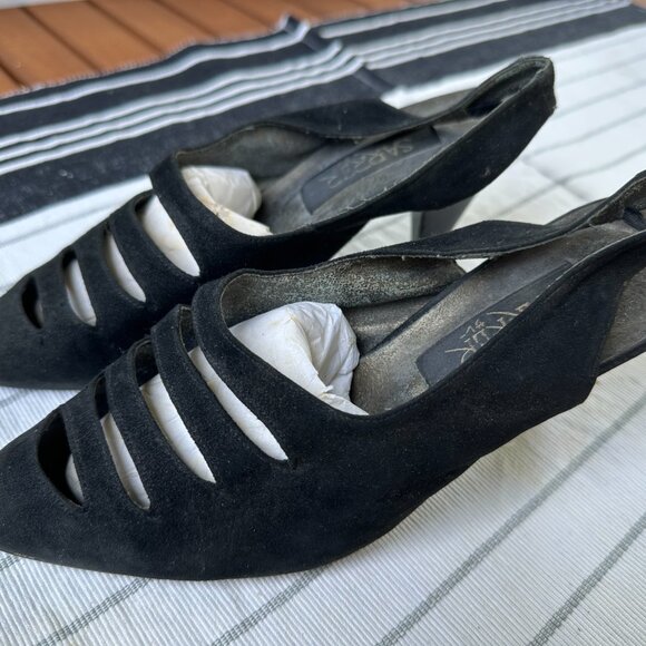 Real black suede sling-back 3" heels with cut-outs  Sz 6 - Picture 3 of 10